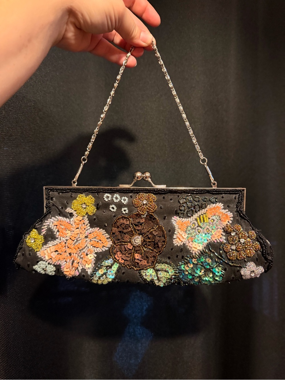 Beaded Floral Sequin Evening Clutch - Black with Multicolor Embroidery - Picture 7 of 7
